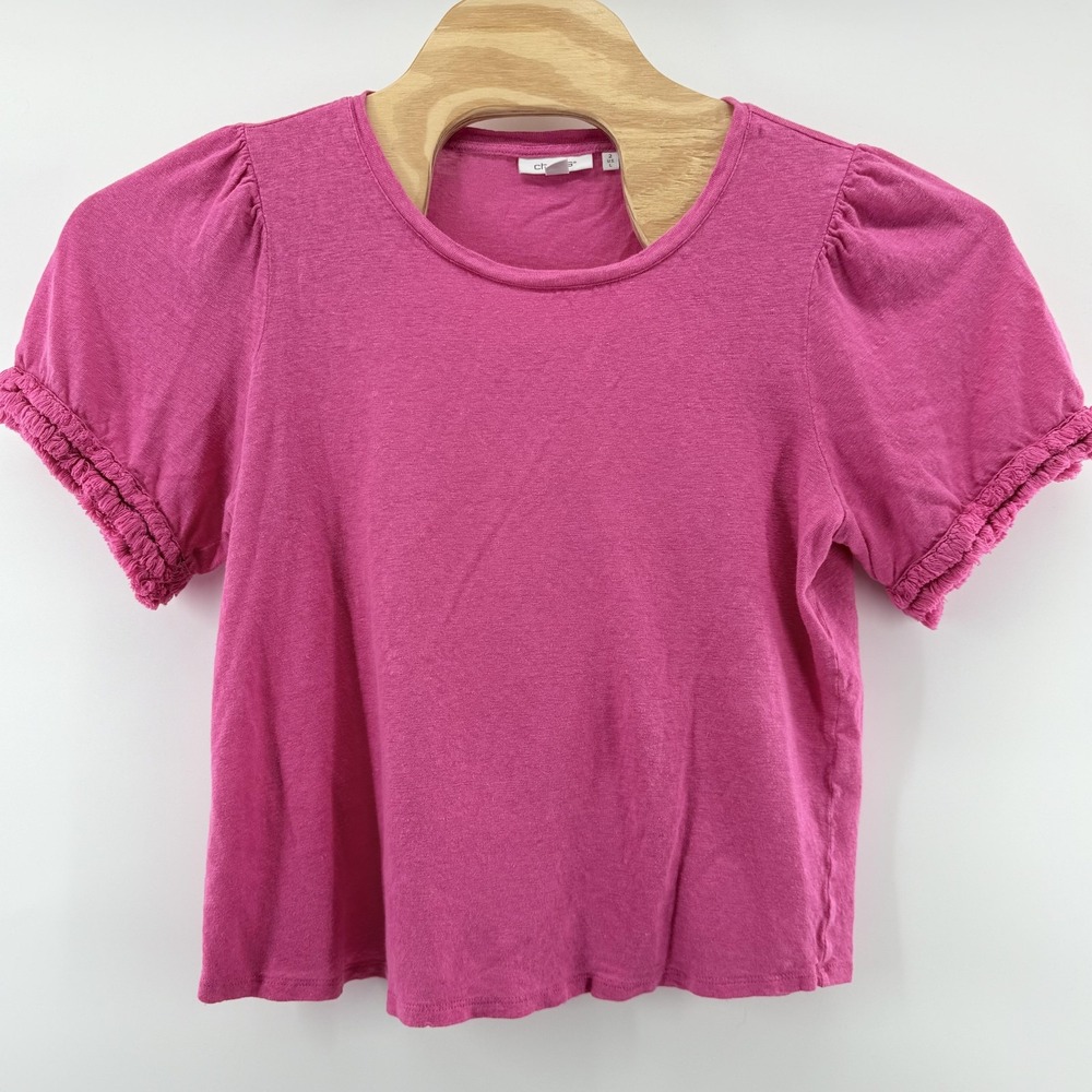 Chicos Shirt Womens Large Pink Linen Puff Sleeve Ruffle Trim Casual Tee Top
